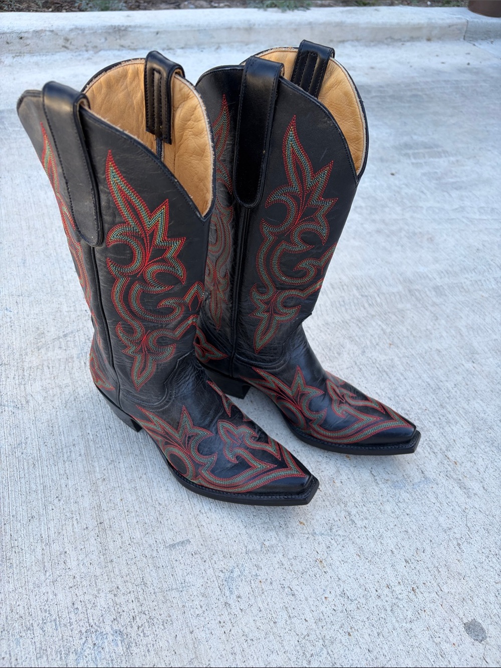 Old Gringo Black Leather Western Boots with Red and Green Stitching